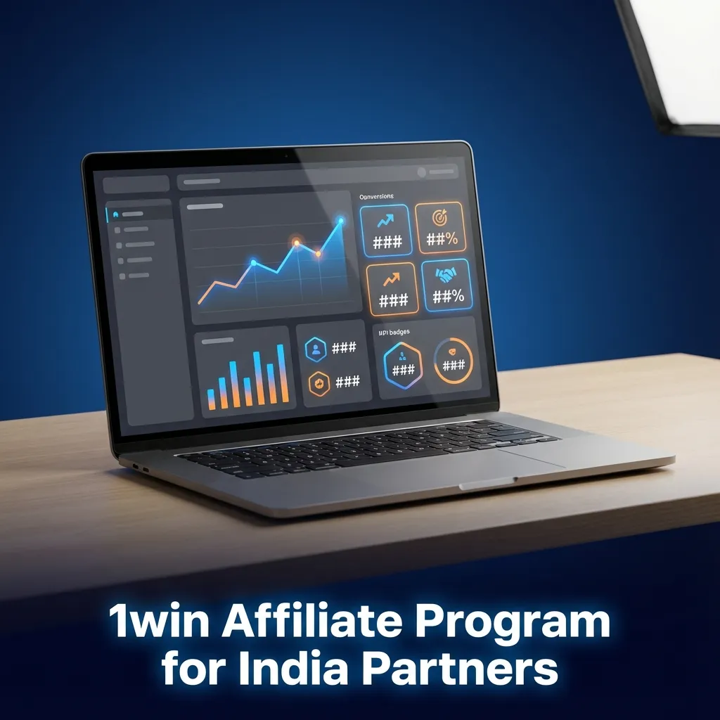 Banner promoting the 1win Affiliate Program for India, featuring partners, commission stats, and marketing tools icons