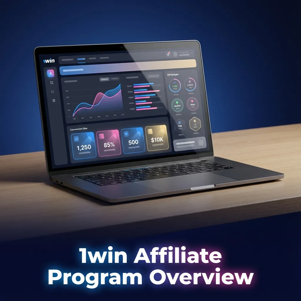Illustrated overview of the 1win affiliate program showing tracking links, stats, and commission earnings for partners in India