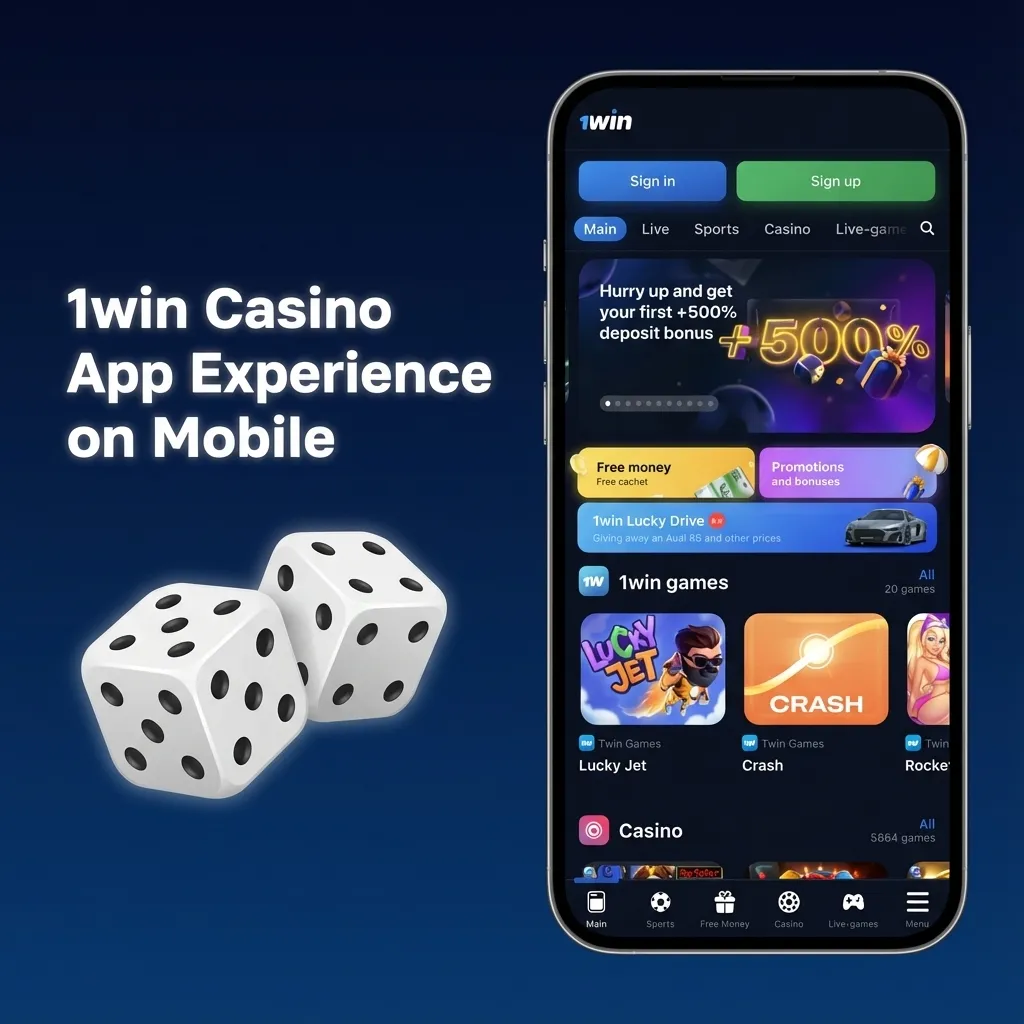 Smartphone showing 1win casino app with slots, live dealer tables and navigation tabs for sports and casino in India