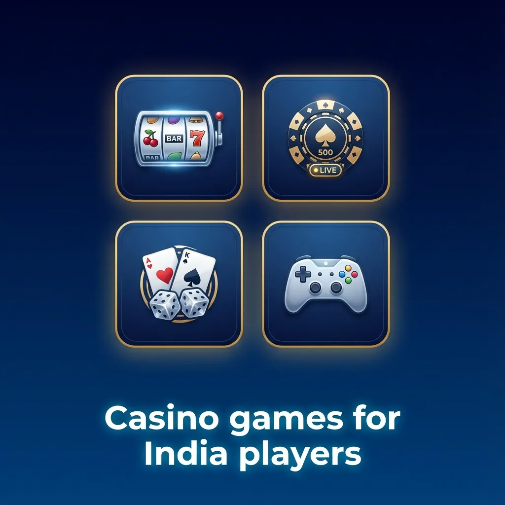 Colorful online casino lobby showing slots, Teen Patti, Andar Bahar, roulette, blackjack and live game tables for Indian players