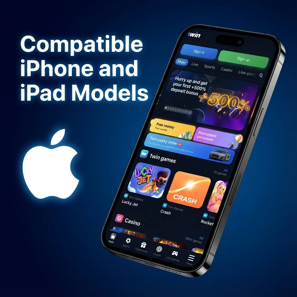 Graphic showing compatible iPhone models for the 1win iOS betting app, from iPhone X to iPhone 15 series.