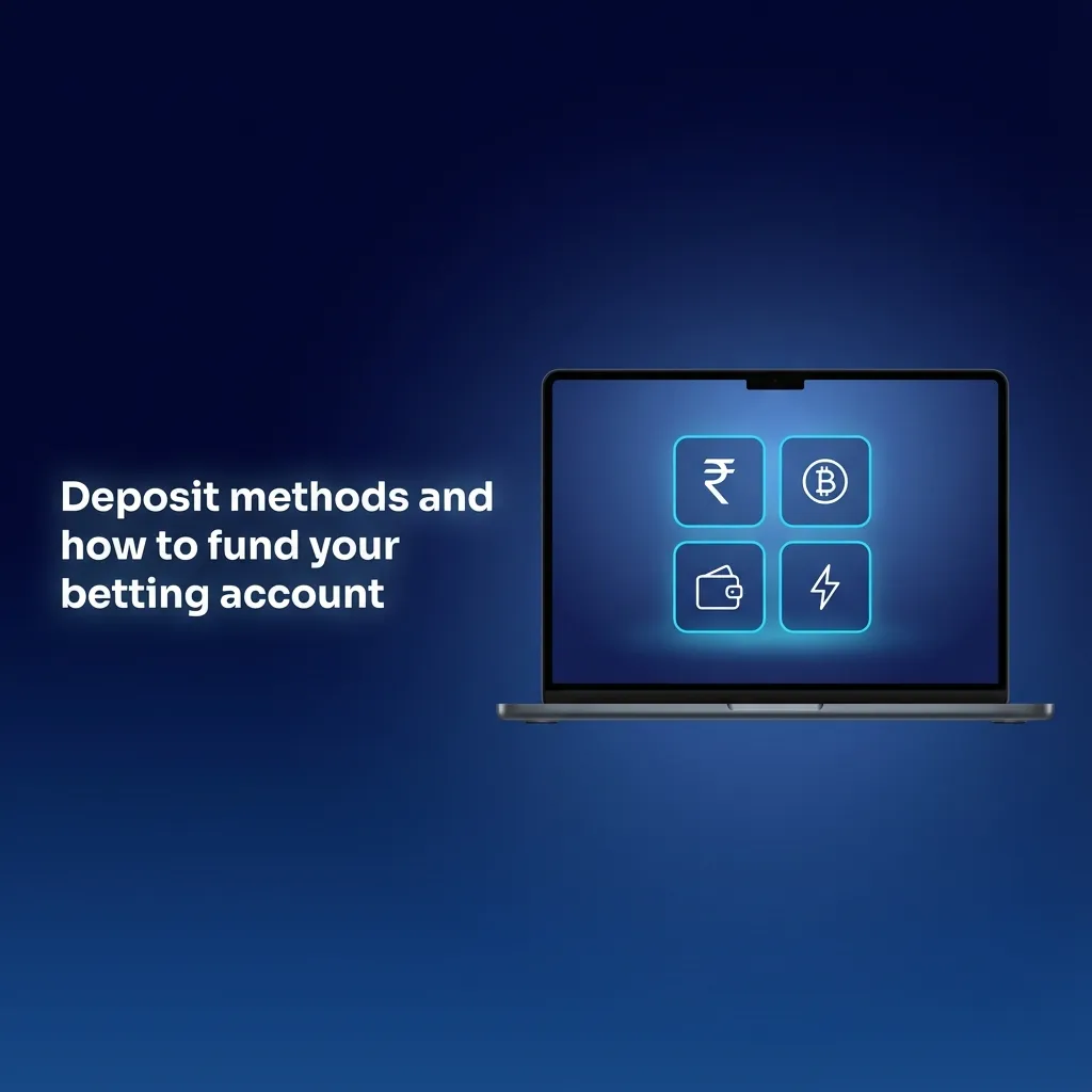Illustration of an Indian betting app deposit screen showing UPI, net banking, card and wallet options being used to add funds