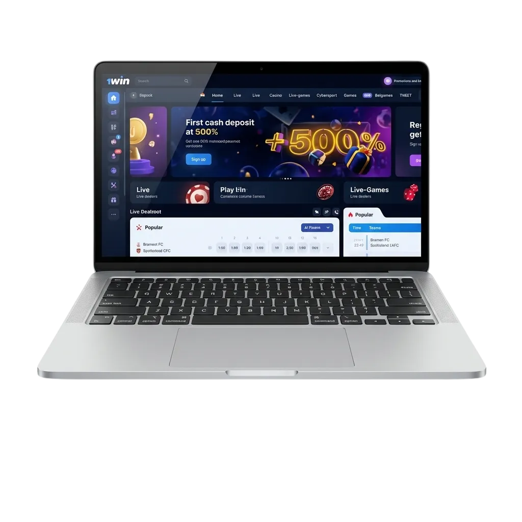 Laptop screen showing 1win desktop app with sports betting and casino games icons, promoting free Windows and macOS download