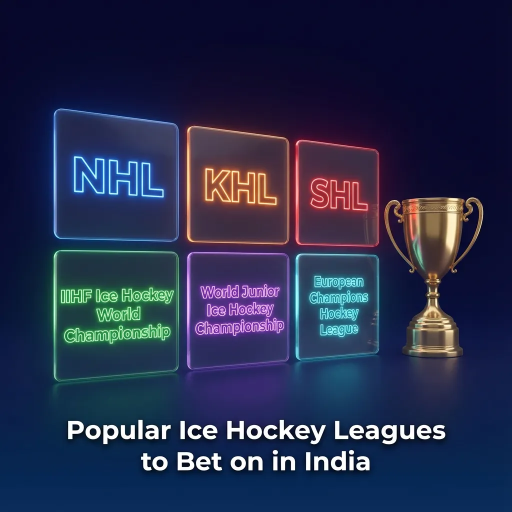 Infographic titled “Popular Ice Hockey Leagues to Bet on in India” listing NHL, KHL, IIHF, Olympics, SHL, Liiga and others