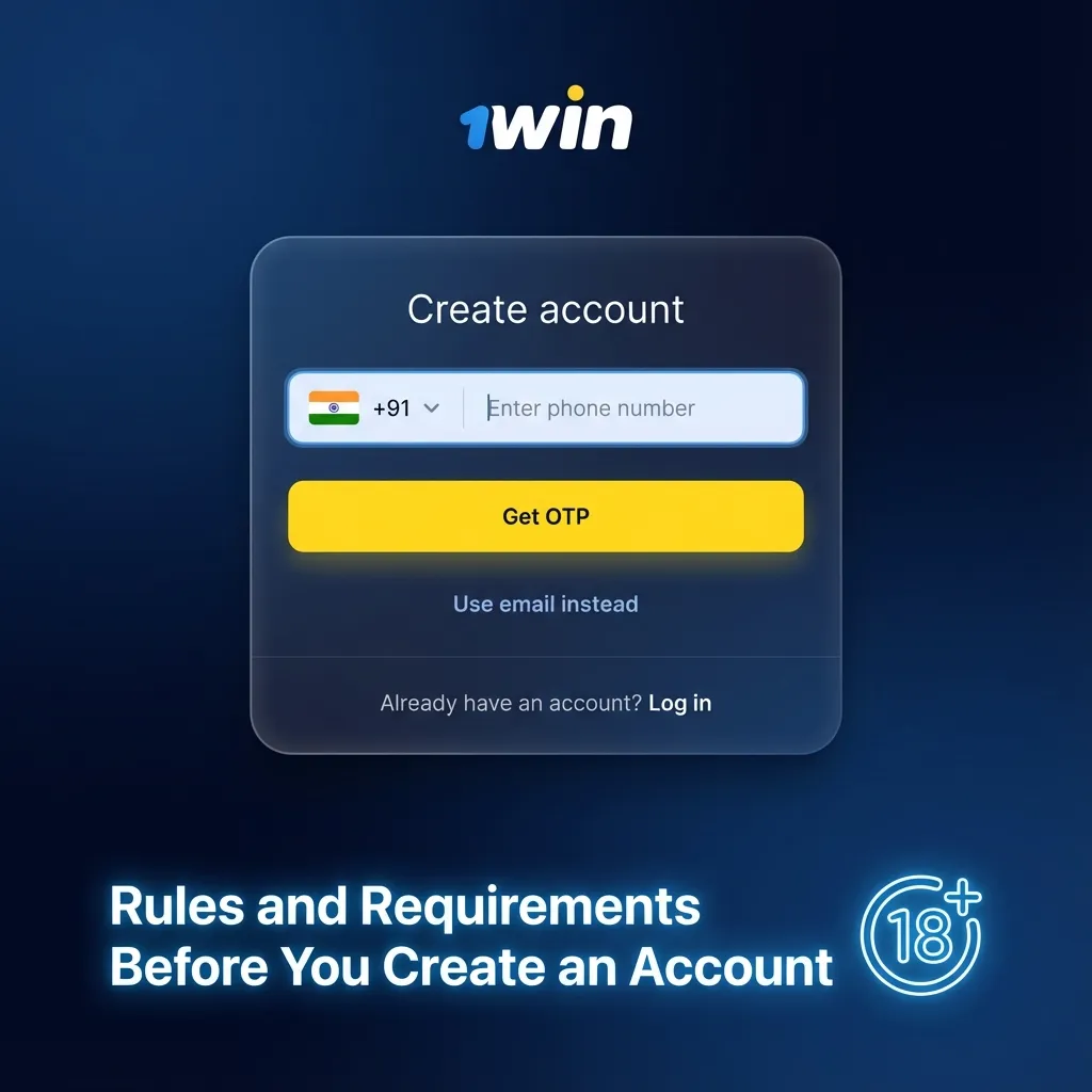 Infographic listing 1win India account rules: 18+ age, one account, accurate details, legal compliance, own payment methods.