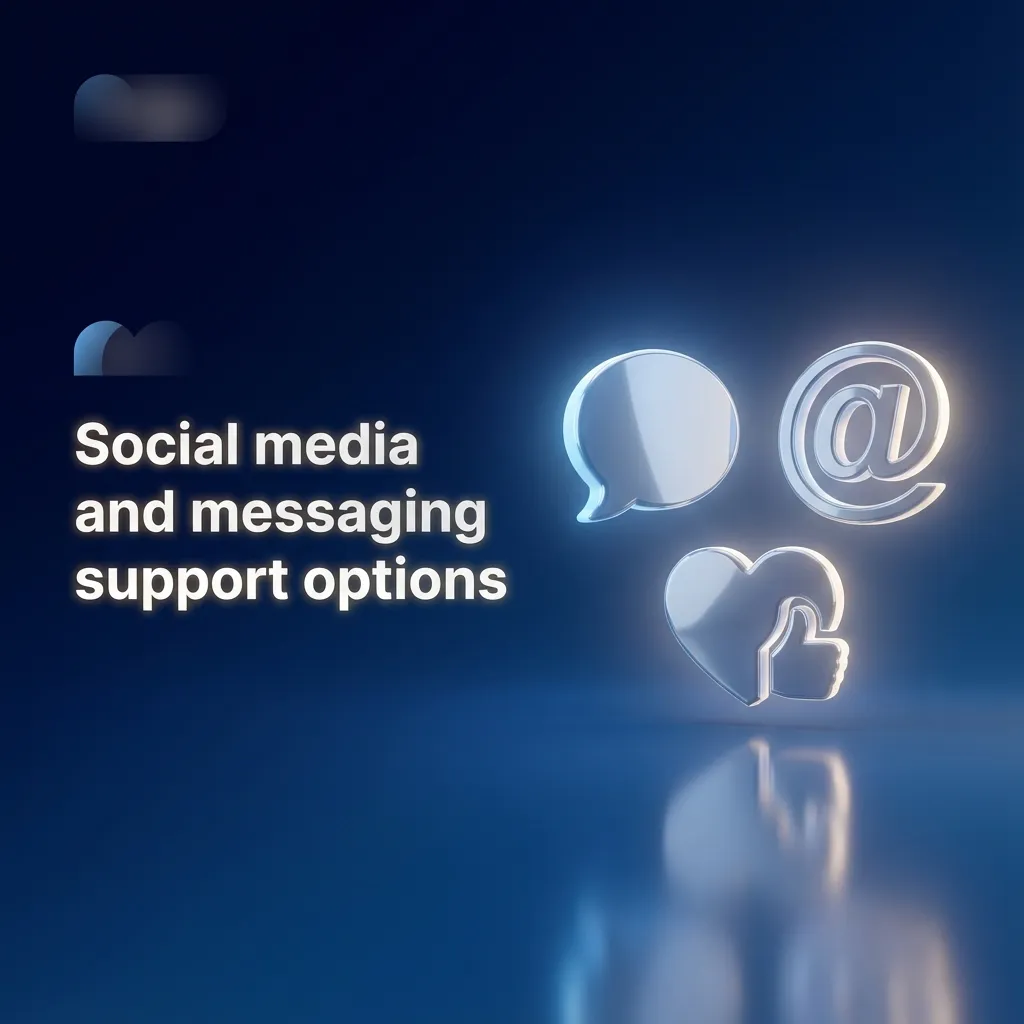 Icons of WhatsApp, Telegram, Facebook Messenger and X, labeled as support contact options for general help and quick queries