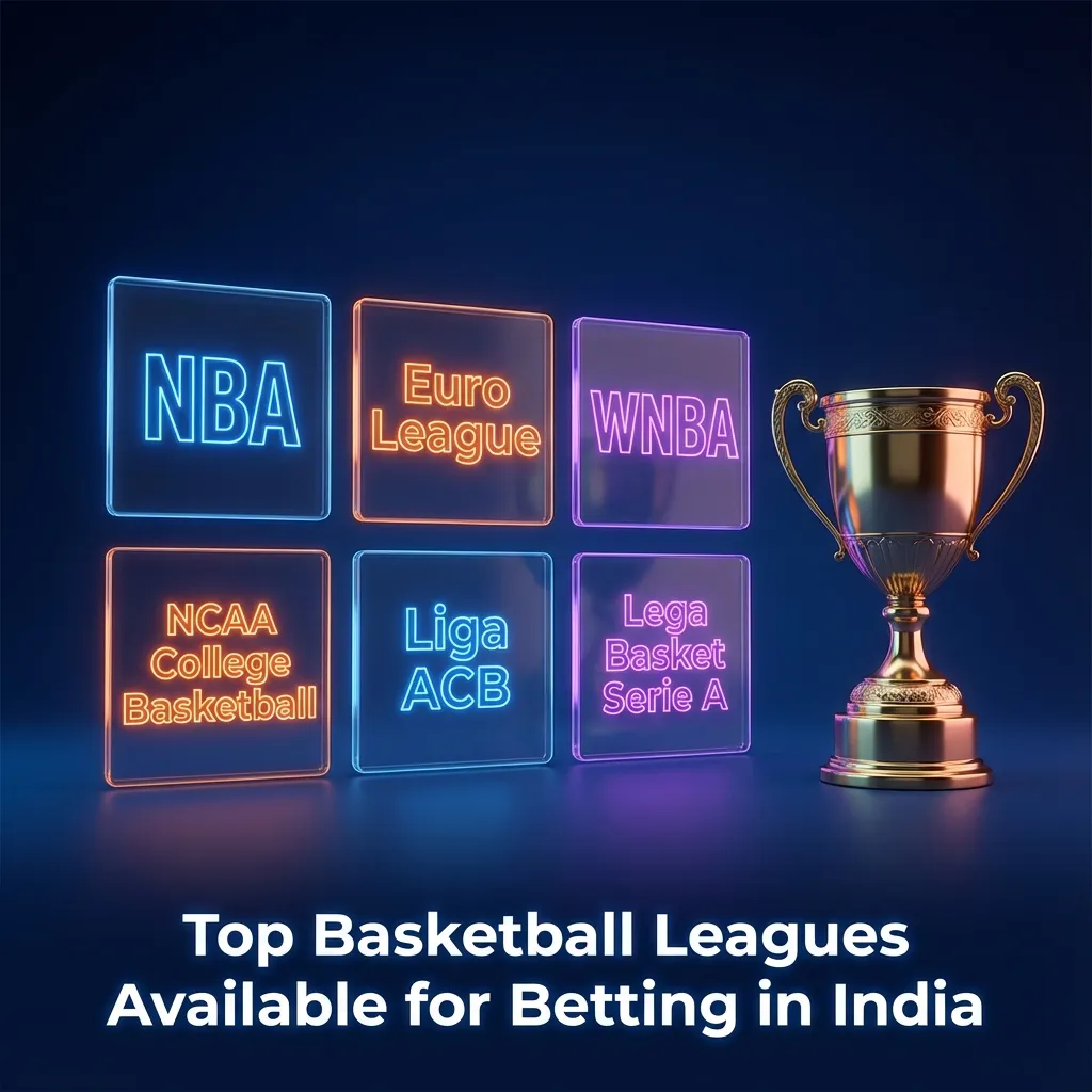 Graphic listing top basketball leagues for betting in India, including NBA, EuroLeague, FIBA, NCAA, and Asian tournaments