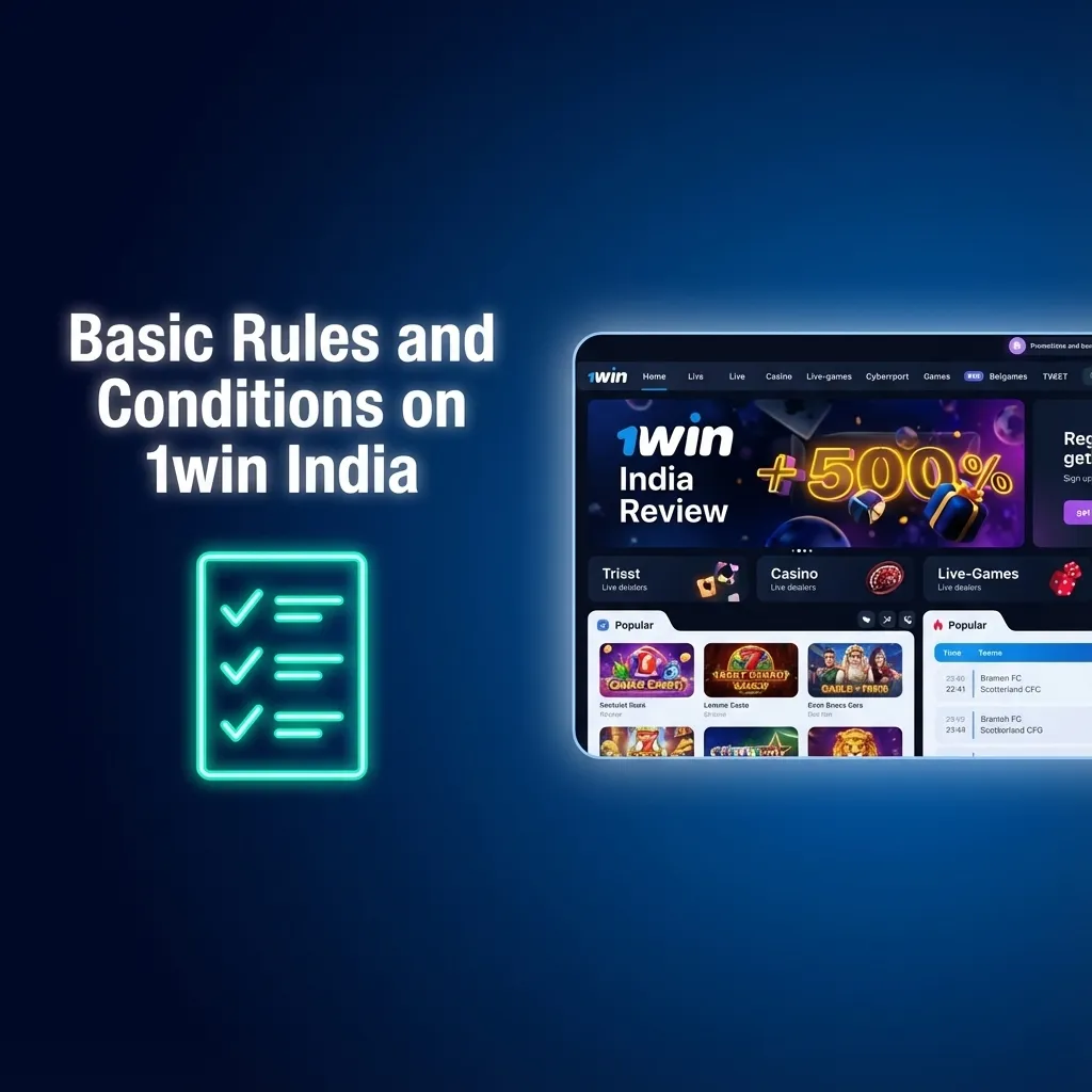 Infographic listing 1win India rules: age 18+, one account, accurate KYC, bonus wagering terms, read full conditions.
