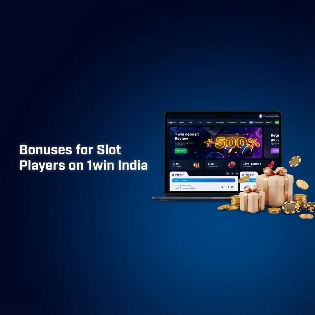 Illustration of 1win India slot bonuses, showing welcome package, free spins, cashback, and loyalty rewards for players
