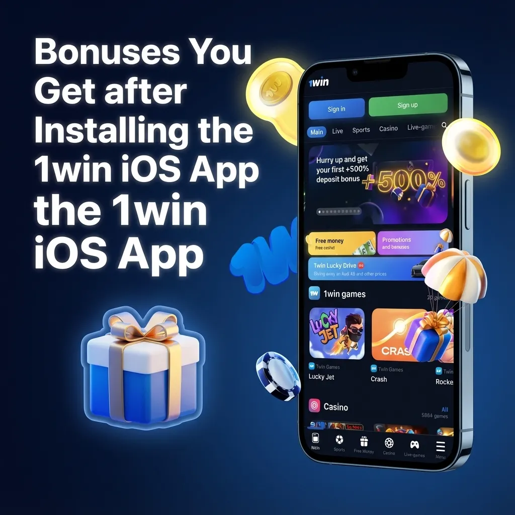 iPhone screen showing 1win app welcome bonus offer: 500% up to ₹75,000 with sports, casino, free spins, and cashback