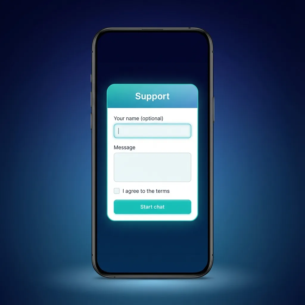 Illustration of 1win iOS customer support with iPhone screen showing live chat, email, phone, and FAQ help options
