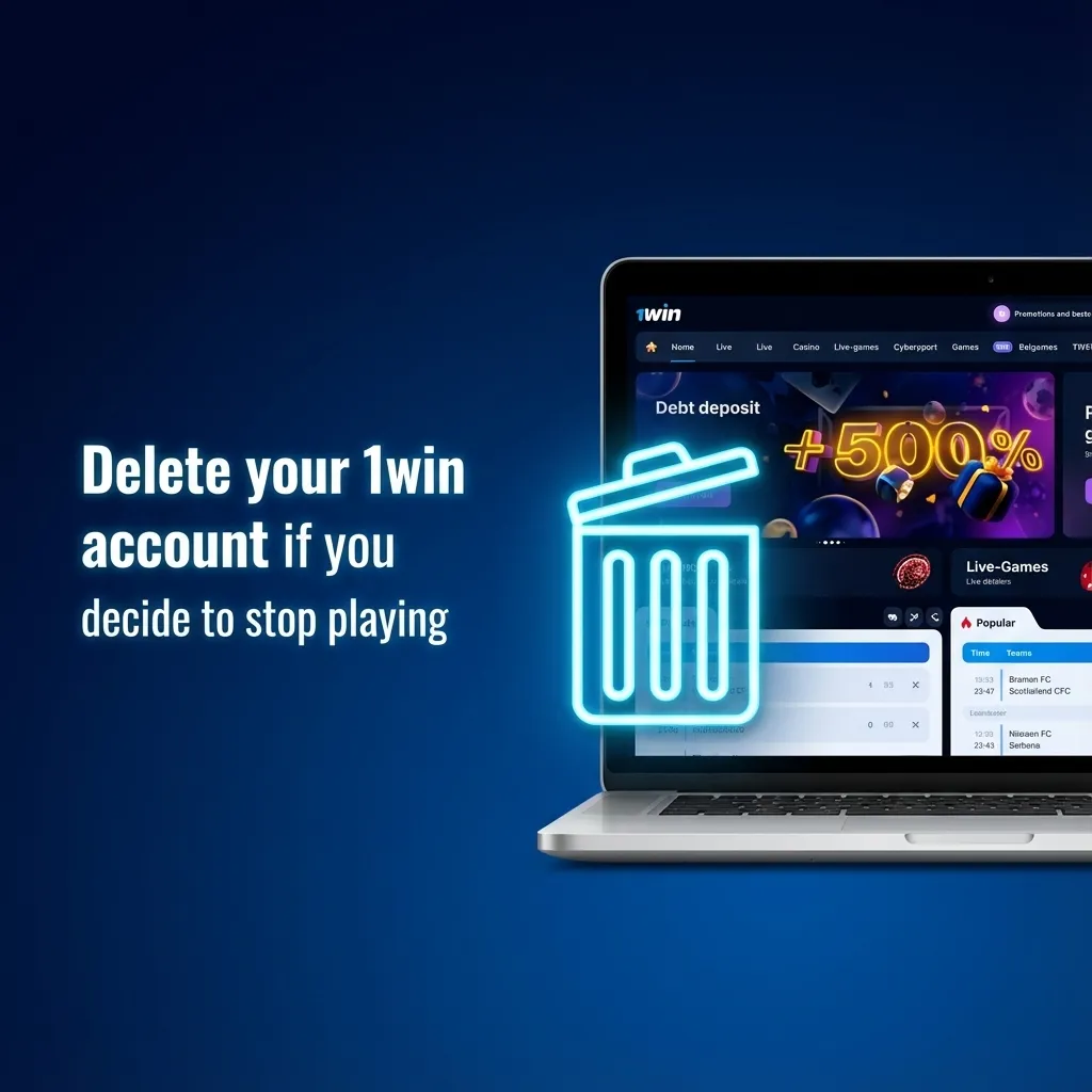 User on laptop deleting 1win betting account, with warning message about permanent closure and security reasons