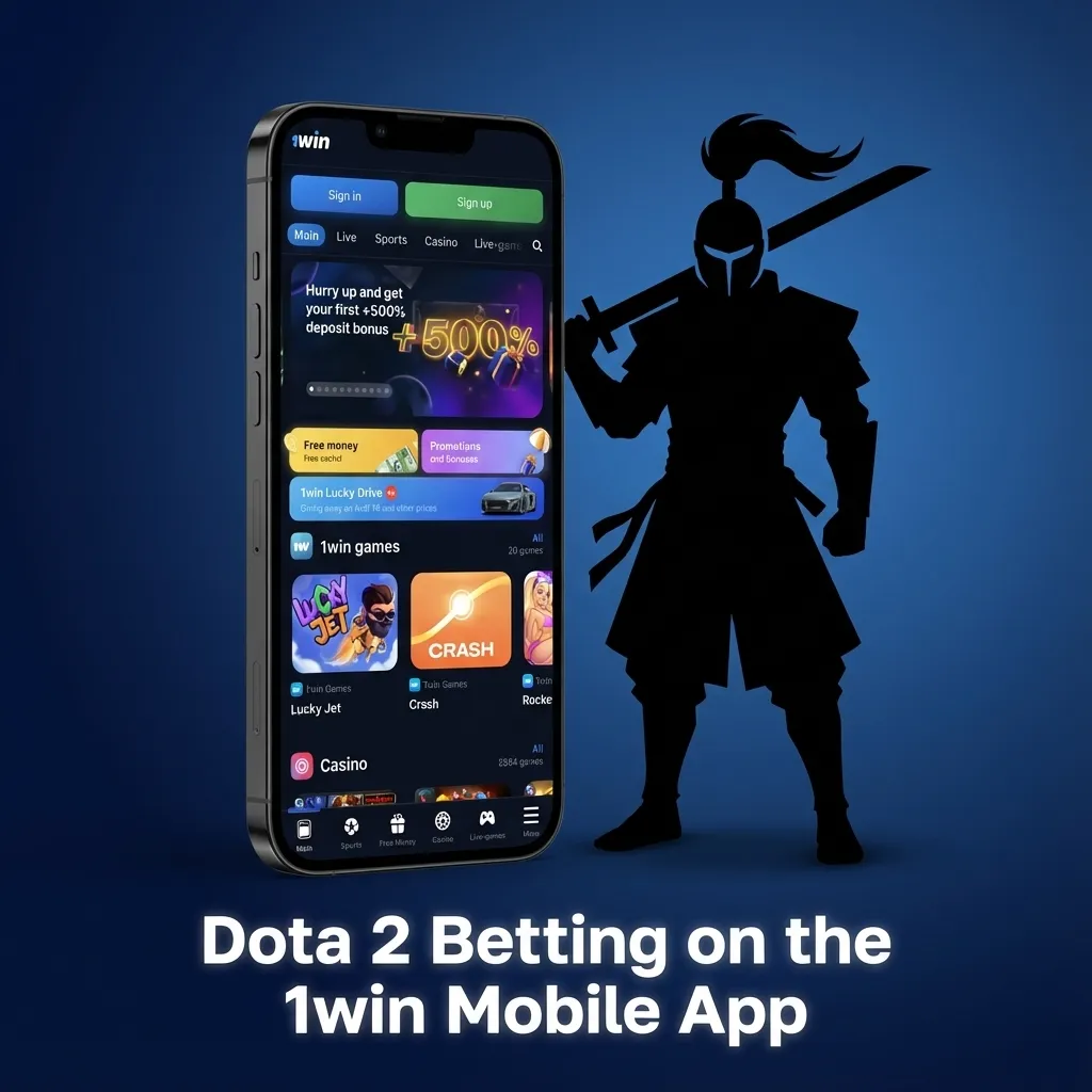 Smartphone displaying Dota 2 live match and betting odds in the 1win mobile app interface