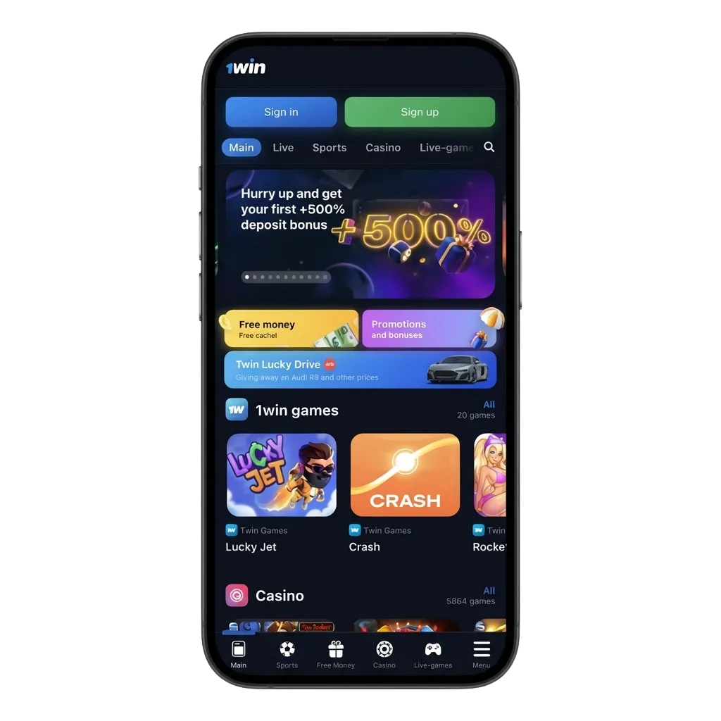 Banner promoting the official 1win India mobile betting app, showing 500% welcome bonus up to ₹75,000 for new users