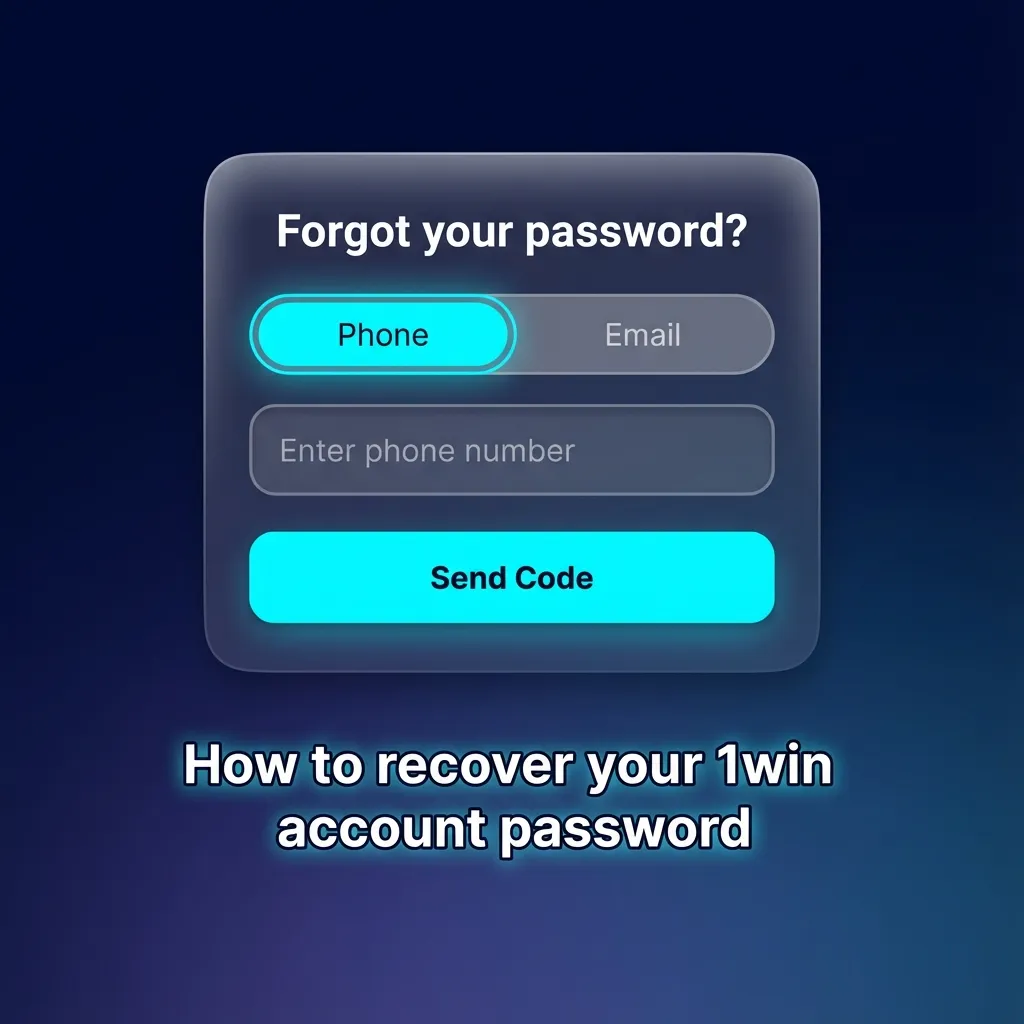 Illustration of 1win “Forgot password” screen showing options to reset via email, SMS code, or social account.