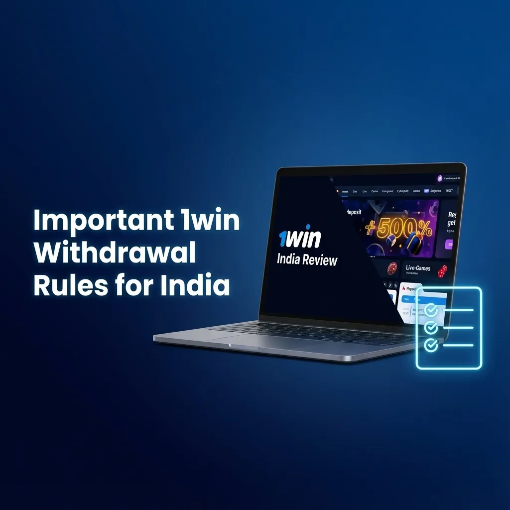 Infographic titled “Important 1win Withdrawal Rules for India” listing KYC, limits, matching details, wagering, and INR-only payouts.