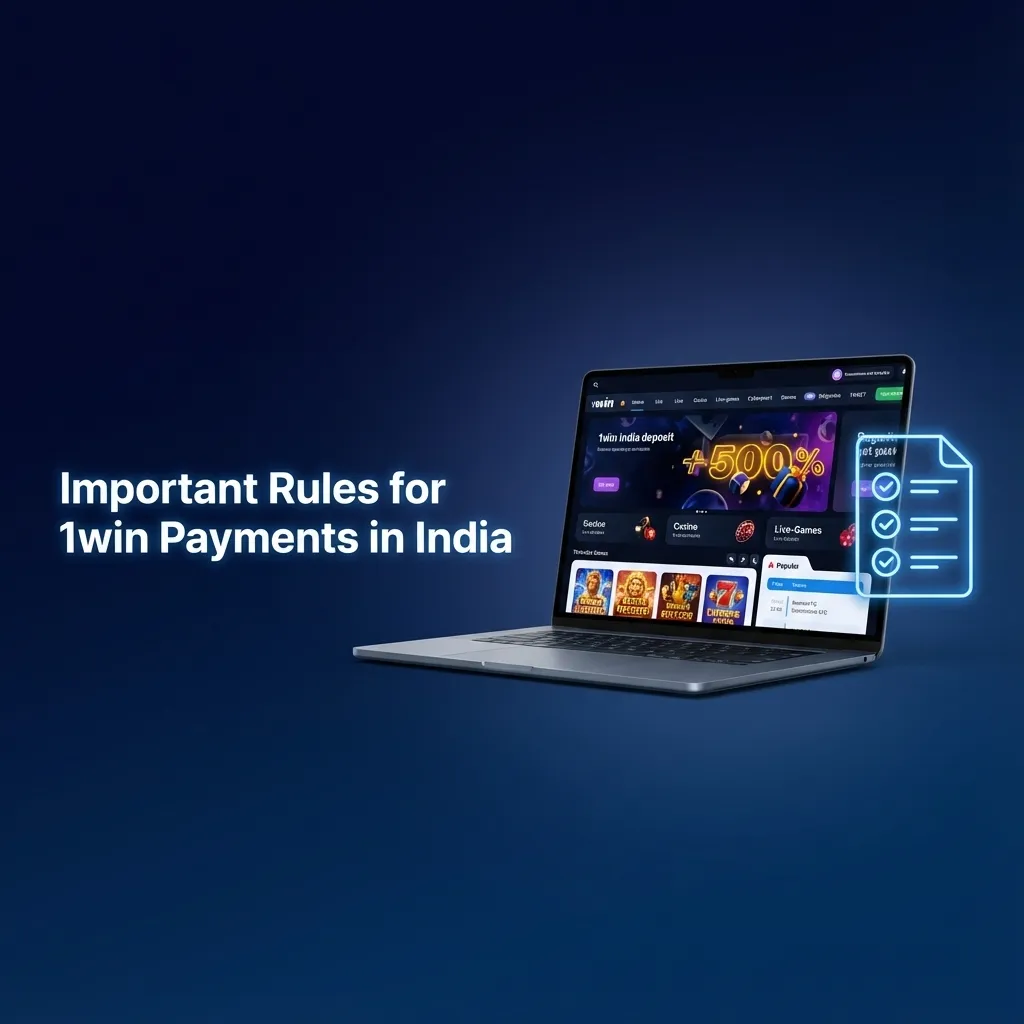 Infographic listing key 1win payment rules for Indian users: KYC, same-name methods, limits, wagering, matching withdrawals.