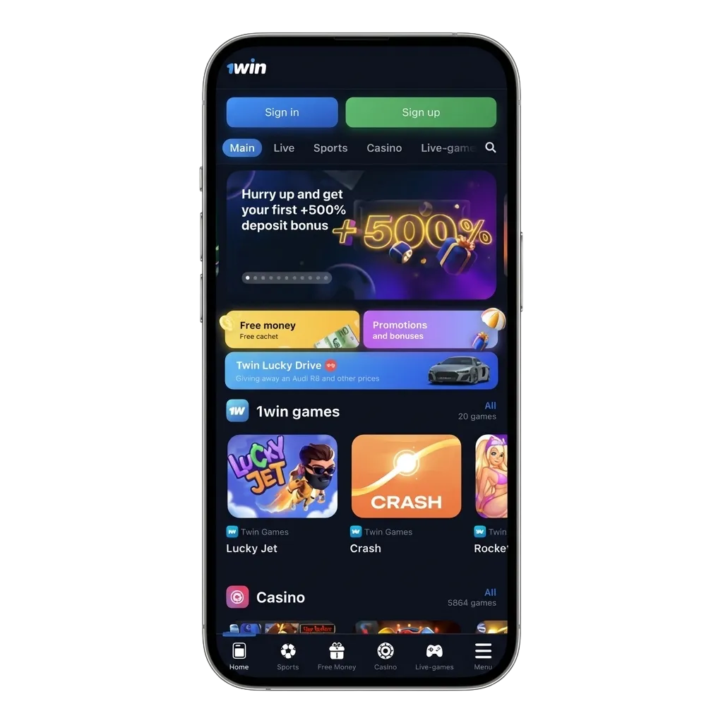 iPhone showing the 1win iOS betting app in India with cricket bets, casino games, rupee balance, and 500% welcome bonus banner