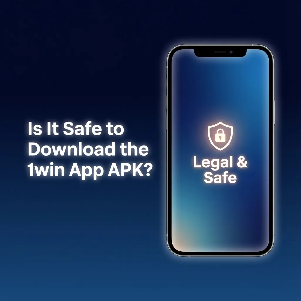 Graphic banner asking if downloading the 1win app APK is safe, highlighting licensing, encryption, and secure betting protection