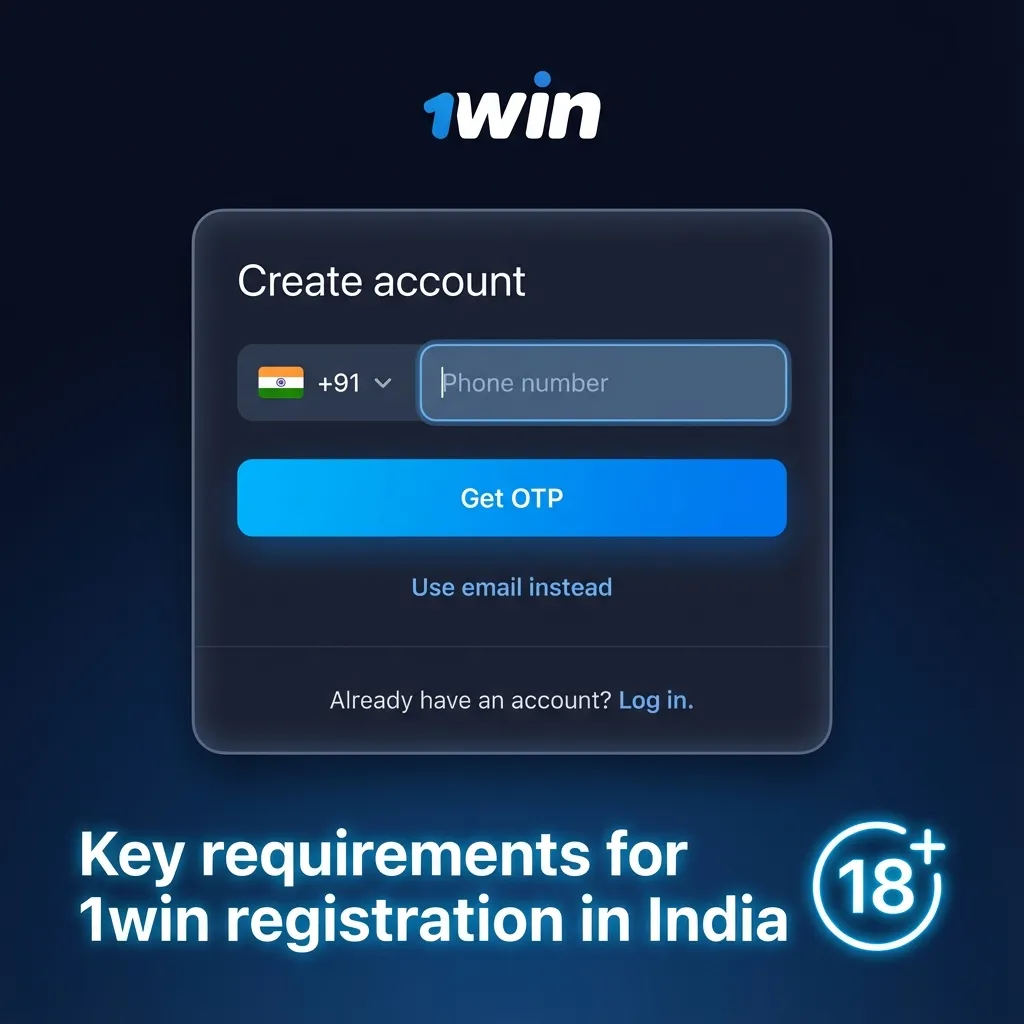 Infographic listing key 1win India registration rules: 18+ age, accurate details, one account, valid contacts, ID document verification