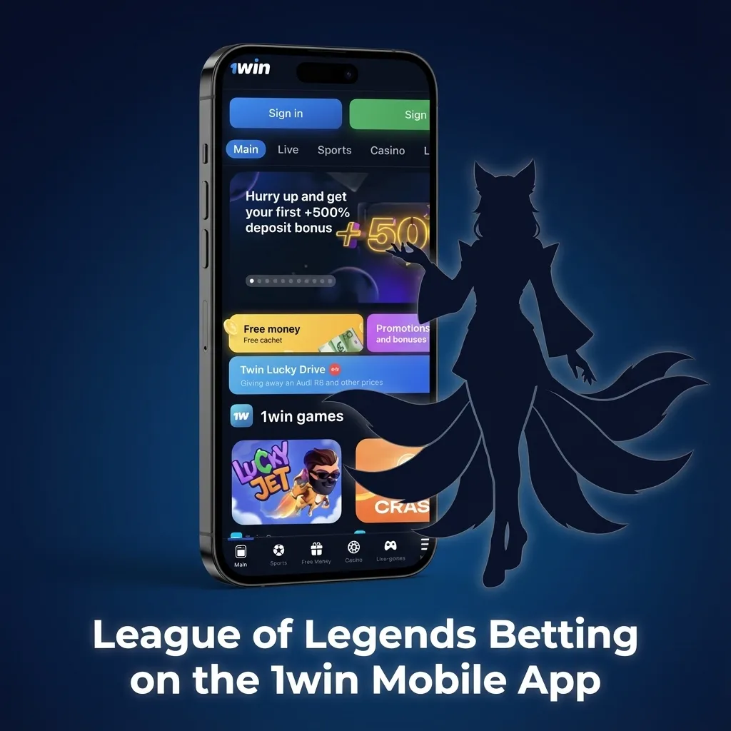 Smartphone showing the 1win mobile app with League of Legends esports betting markets and live match stats