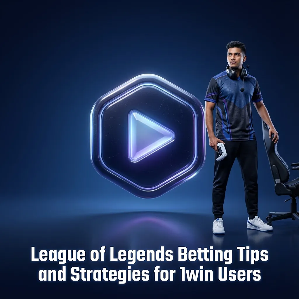 Illustration of League of Legends esports match with 1win betting interface, tips icons, and strategic charts on screen