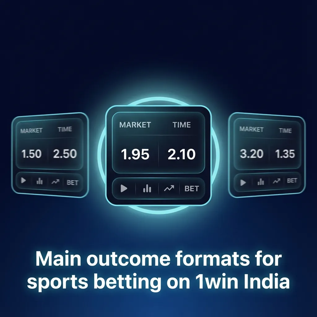 Infographic showing 1win India sports betting markets: match result, totals, handicap, both teams to score, and player props