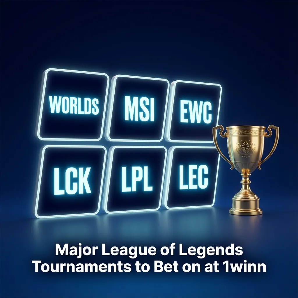 League of Legends players in an arena with 1winn logo and icons for Worlds, MSI, EWC, LCK, LPL, LEC, and LCS betting