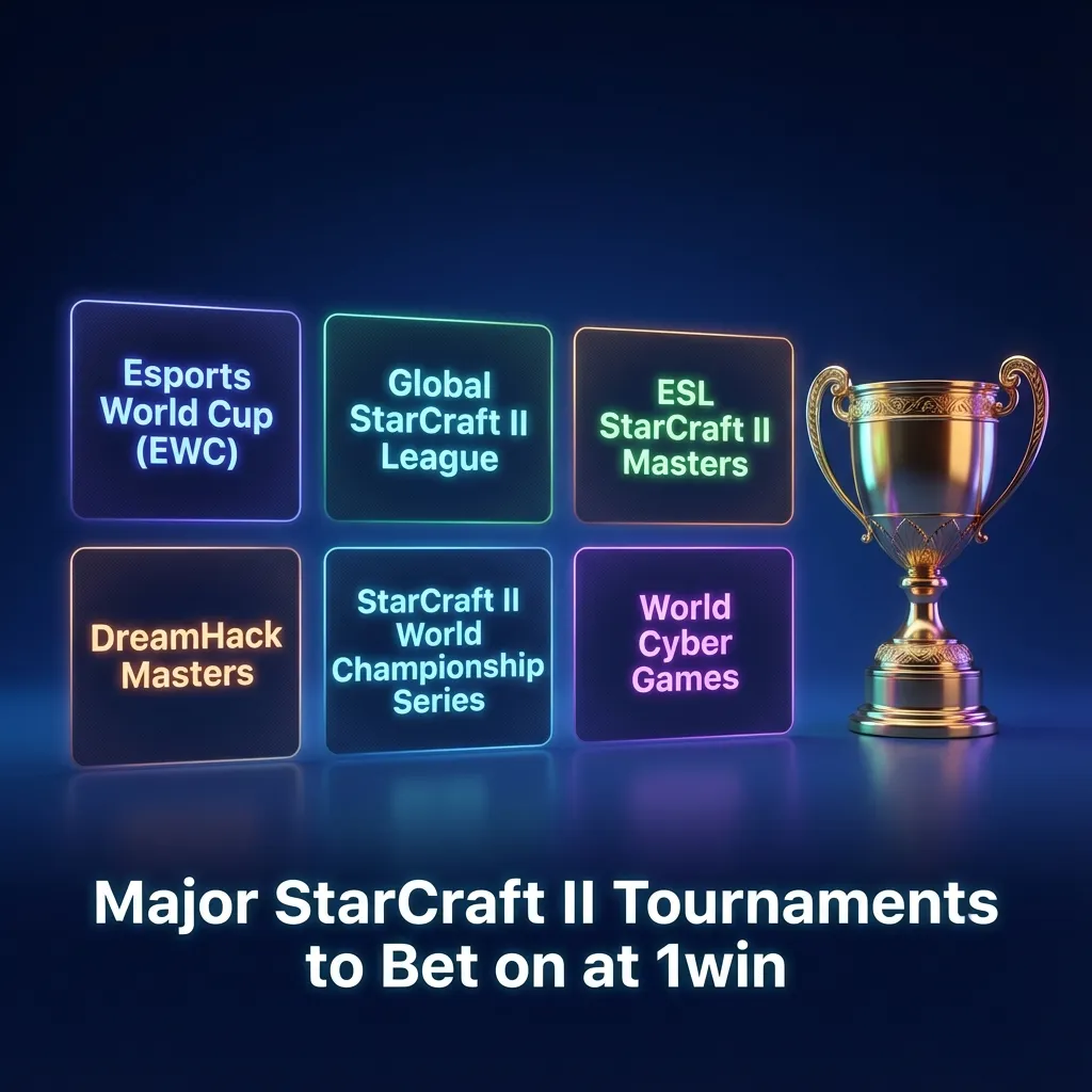 Graphic promoting major StarCraft II tournaments to bet on at 1win, with logos and a player in an intense match scene