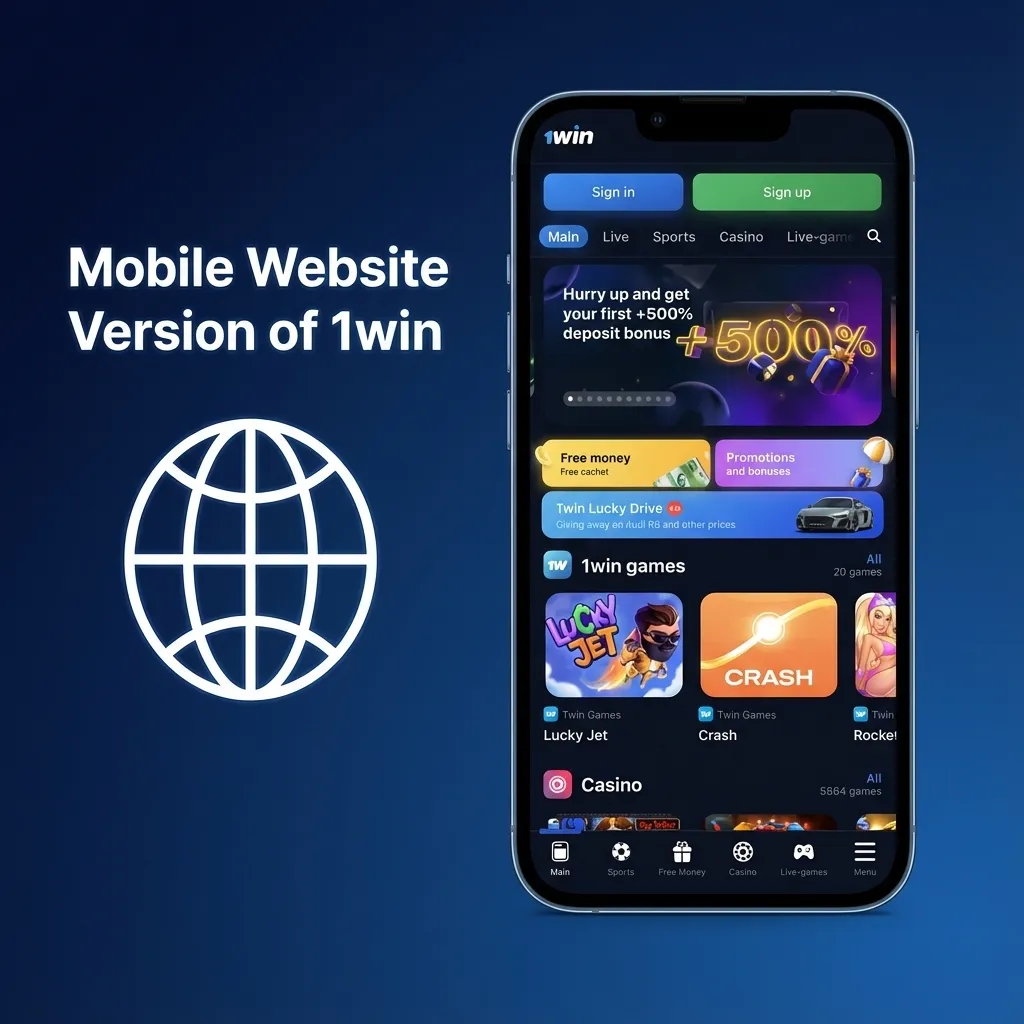 Smartphone showing 1win mobile website with betting menu, odds, slots and cashier adapted to vertical screen.
