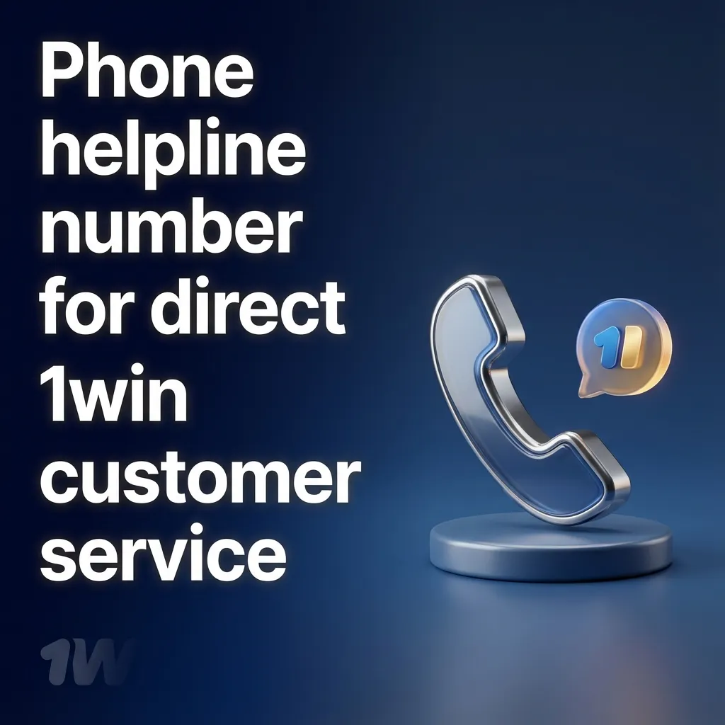 Illustration of a person calling 1win customer support helpline on a smartphone, with icons for chat, clock, and language options