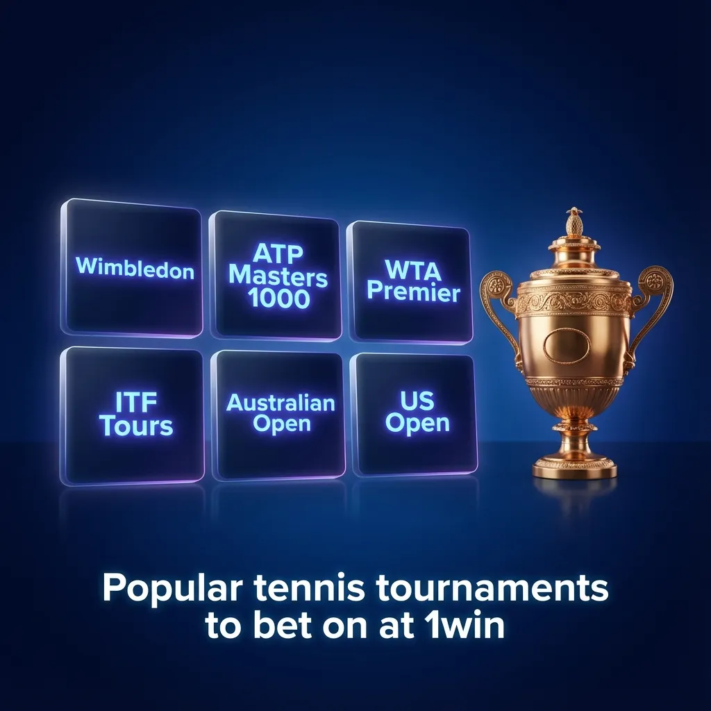 Graphic promoting 1win tennis betting with icons for Grand Slams, ATP, WTA, finals, and team tournaments