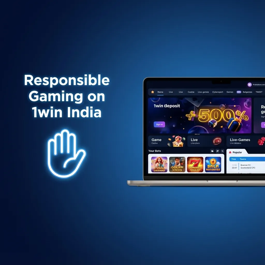 Illustration promoting responsible gaming on 1win India, showing user controls for limits, breaks, and safe gambling habits