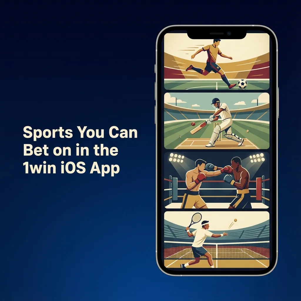 iPhone screen showing 1win iOS sportsbook with icons for cricket, football, tennis, kabaddi, basketball and esports betting