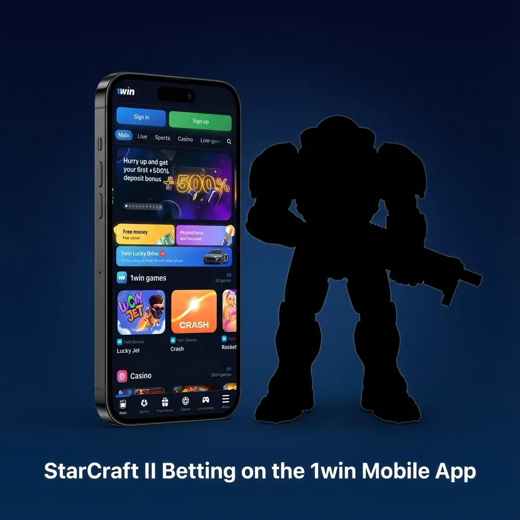 Phone screen showing 1win app with StarCraft II esports match odds and live betting interface