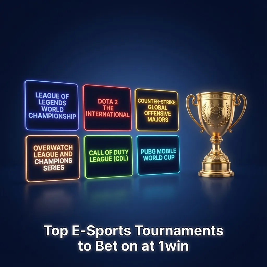 Table of top 1win esports tournaments to bet on, listing major events for Dota 2, CS2, LoL, Valorant and more