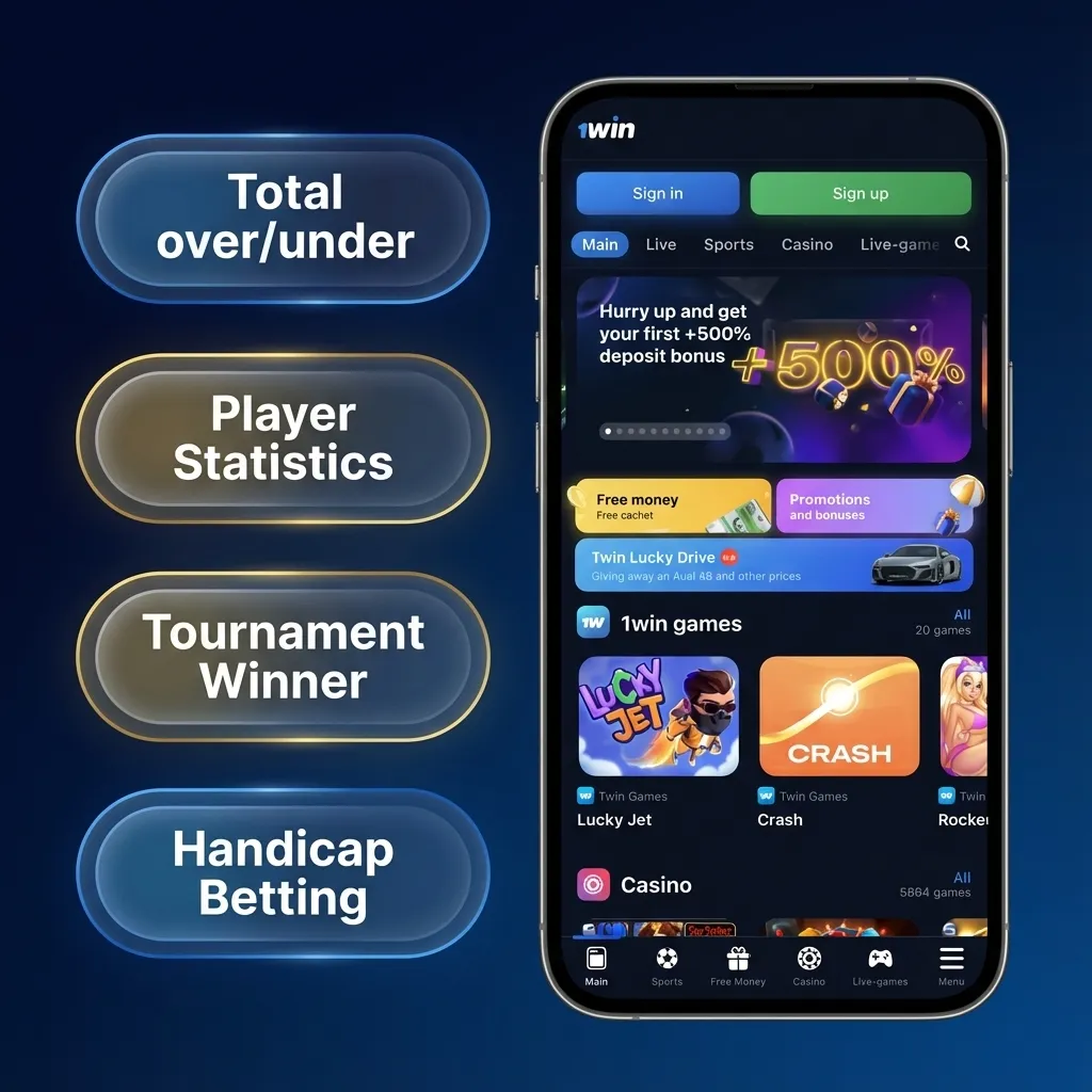 Infographic showing types of bets in the 1win iOS app: single, accumulator, system, live, handicap/spread, and over/under.