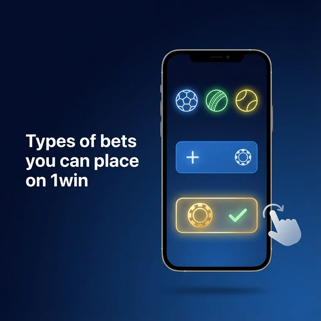 Infographic titled “Types of bets on 1win” explaining single, express, and system bets with icons and brief descriptions.