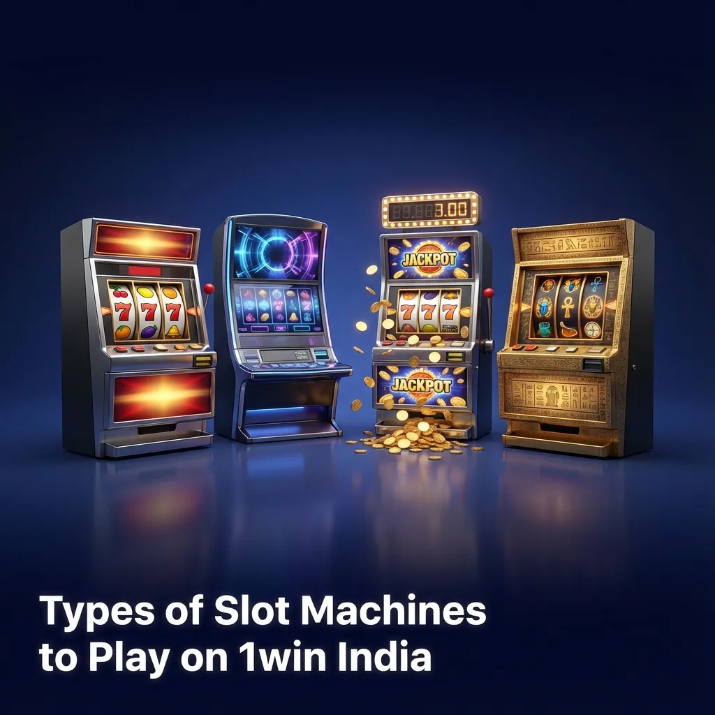 Colorful 1win India casino banner showing classic, video, Megaways, jackpot, crash and bonus slot machine icons