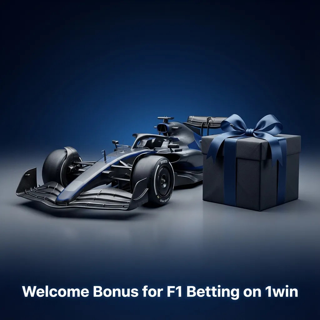 Banner for 1win F1 betting welcome bonus, showing race car imagery and promo text for new users’ first deposits