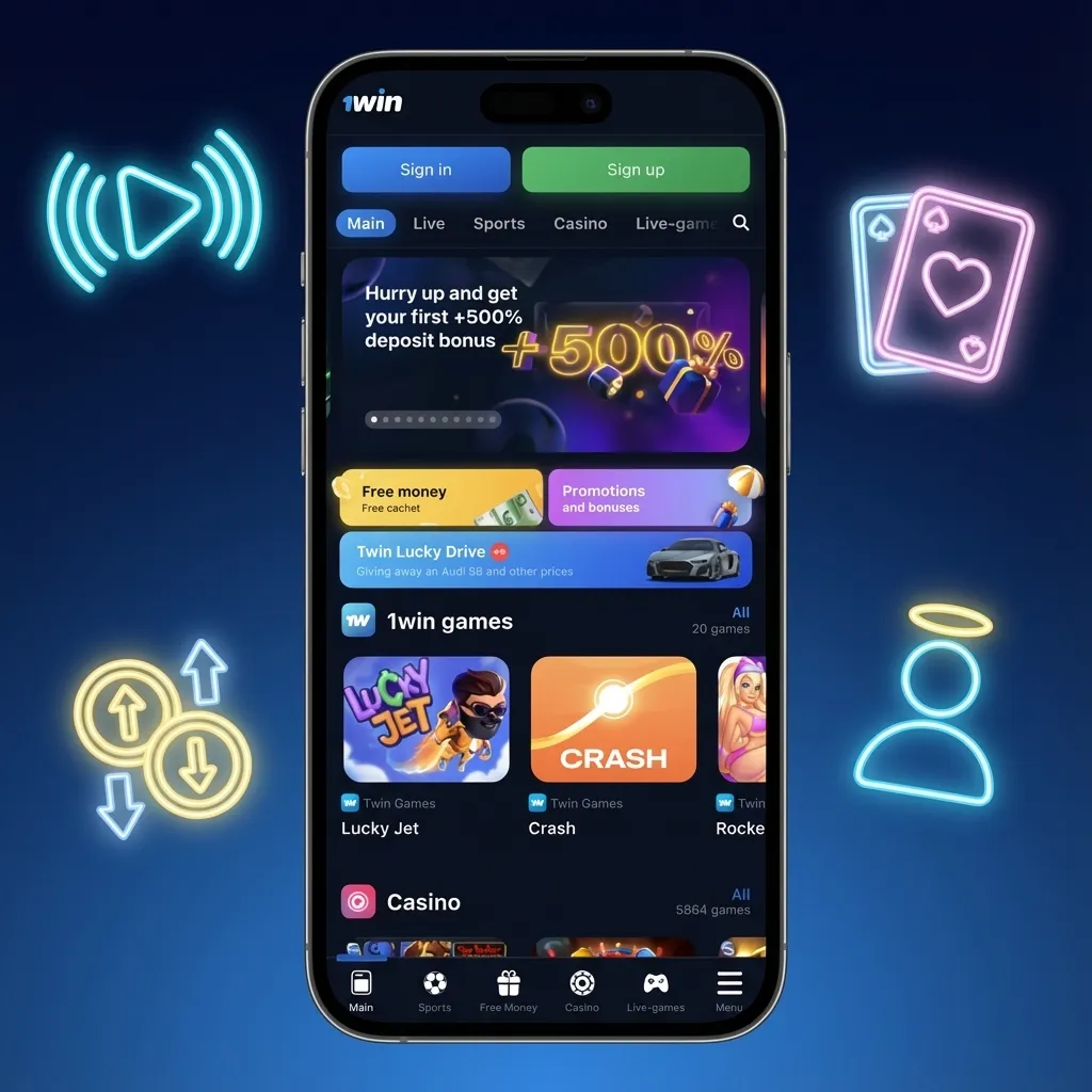 Indian user holding iPhone showing 1win app with INR bets, cricket odds, casino games, and 500% welcome bonus highlighted