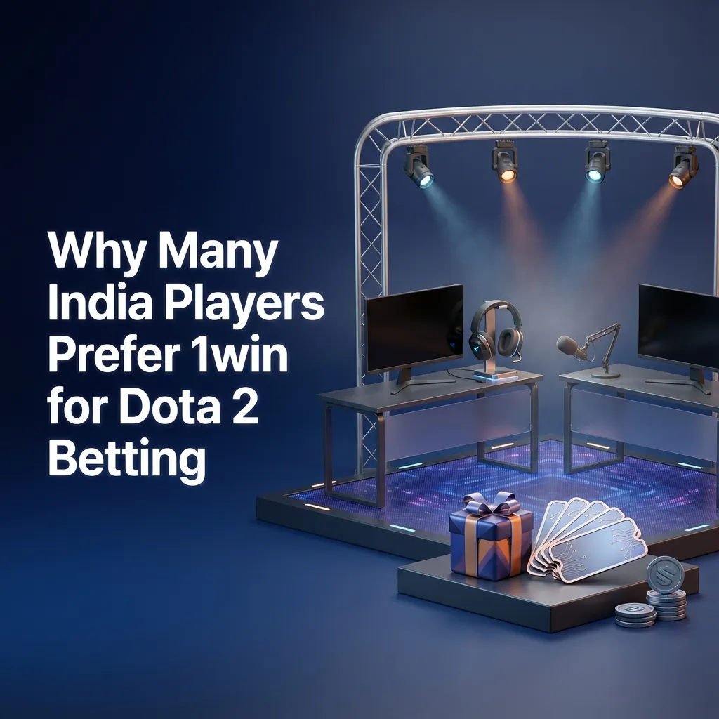 Illustration of Indian Dota 2 bettors using 1win app, highlighting INR payments, bonuses, live support, and esports odds