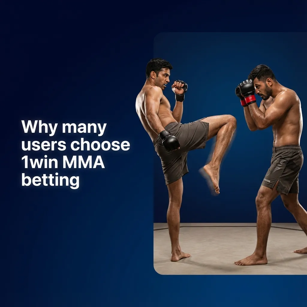 Promotional 1win MMA betting graphic highlighting Indian market features, live odds, mobile app, UPI payments, and cash out options