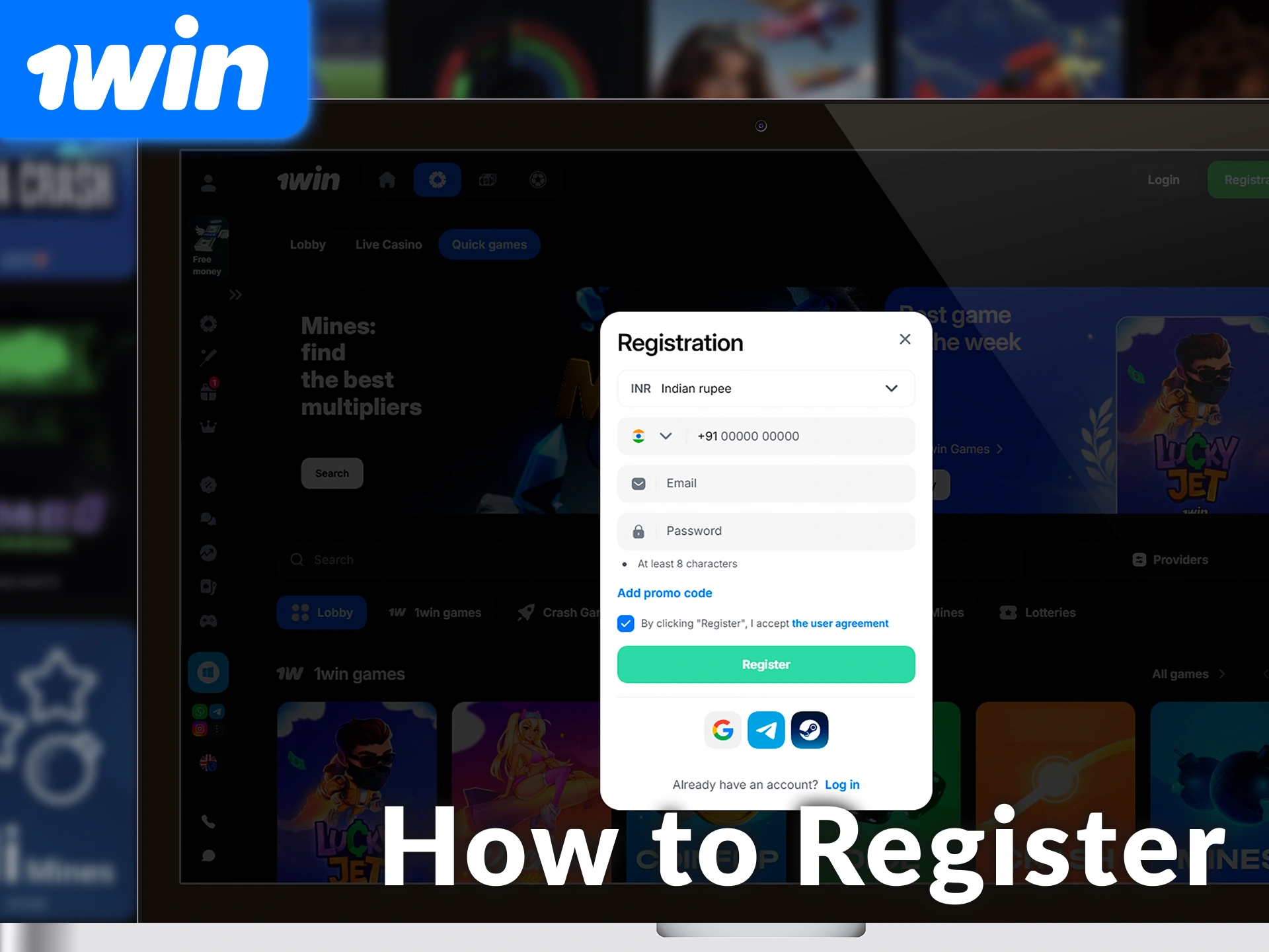 Follow our guide to Register on 1win India and start playing now.