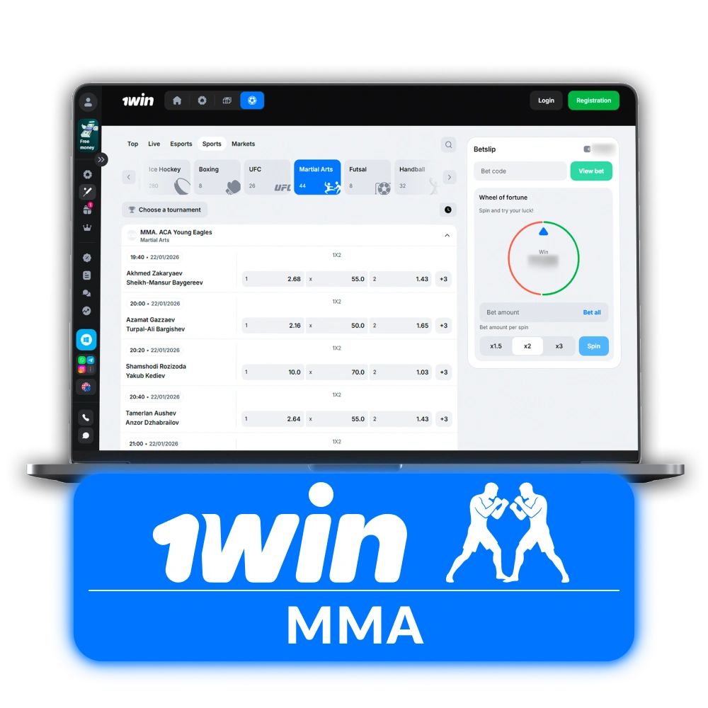 Bet on intense MMA fights and support your favorite 1win fighters.