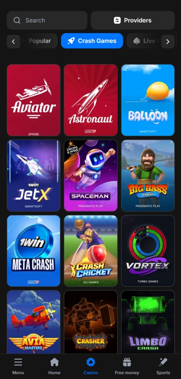 Search for the Aviator 1win game in the casino section to start playing.