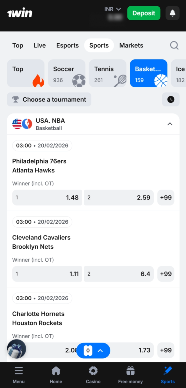 Open basketball markets on the 1win site to see available events.