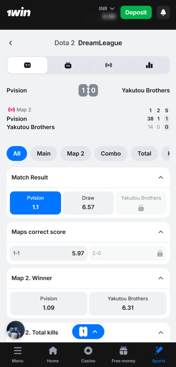 Choose a Dota 2 match and market at 1win Official.