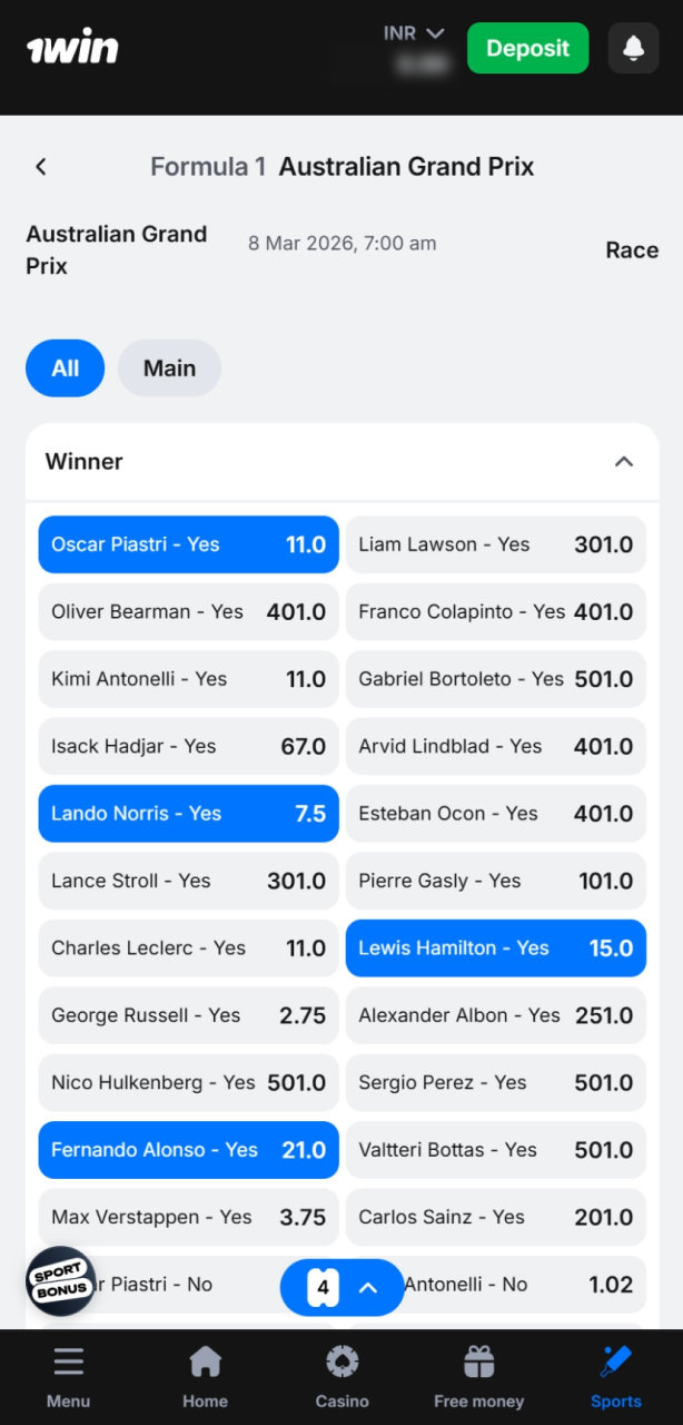 Add Formula 1 selections to your 1win site bet slip easily.