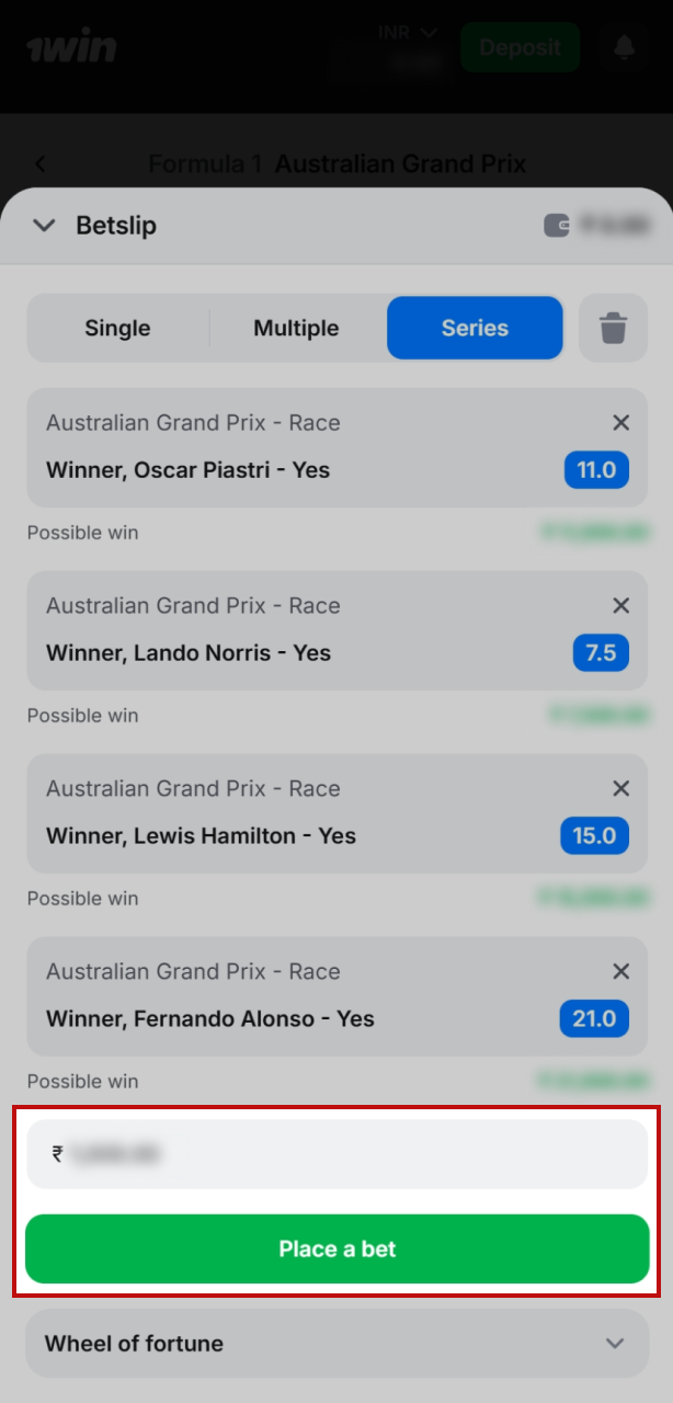 Enter stake and confirm the Formula 1 bet on 1win Official.